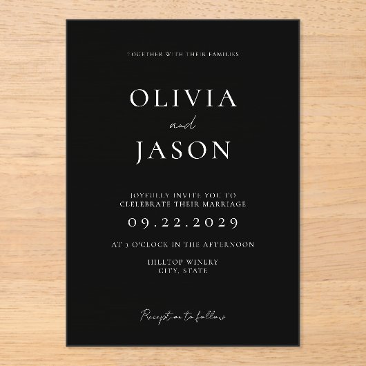 Moderne Minimal Schwarz-Weiß-Hochzeit Acryleinladungen (Vorderseite)