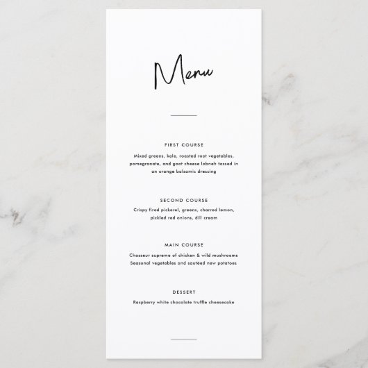 Moderne Minimal Schwarz-Weiß-Script-Hochzeit Menükarte (Vorderseite)