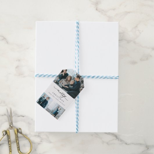 Moderne Minimal Script 3 Foto Frohe Weihnachten Geschenkanhänger (Mit Garn)