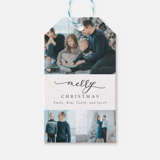 Moderne Minimal Script 3 Foto Frohe Weihnachten Geschenkanhänger (Vorderseite)