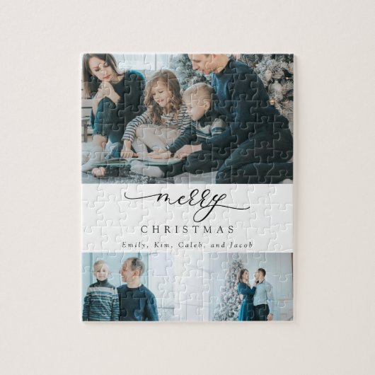 Moderne Minimal Script 3 Foto Frohe Weihnachten Puzzle (Vertikal)