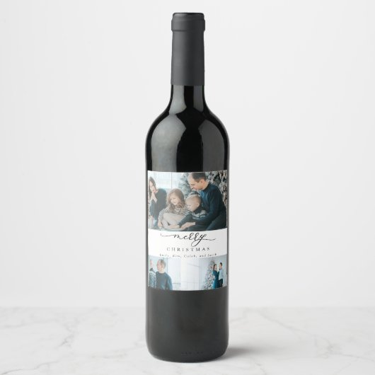 Moderne Minimal Script 3 Foto Frohe Weihnachten Weinetikett (Vorderseite)