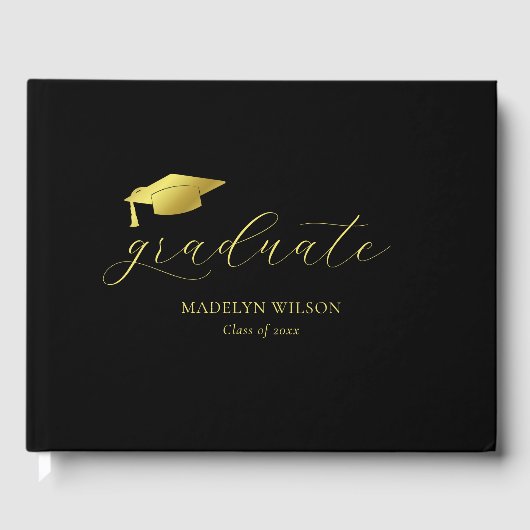 Moderne Minimal Script Black Gold Graduation Party Gästebuch (Vorderseite)