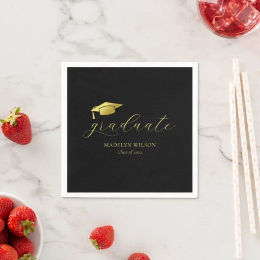 Moderne Minimal Script Black Gold Graduation Party Serviette (Beispiel)
