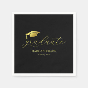 Moderne Minimal Script Black Gold Graduation Party Serviette