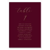 Moderne Minimal Script Burgundy Gold Wedding Tischnummer (Vorderseite)