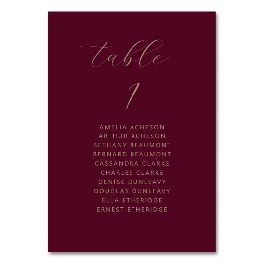Moderne Minimal Script Burgundy Gold Wedding Tischnummer (Vorderseite)