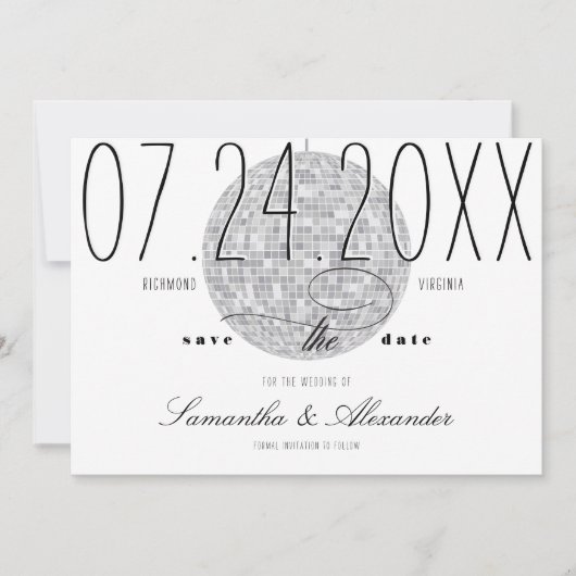 Moderne Minimal Script Disco Ball Altes Geld Hochz Save The Date (Vorderseite)