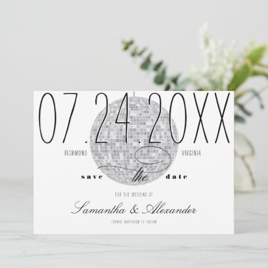 Moderne Minimal Script Disco Ball Altes Geld Hochz Save The Date (Stehend Vorderseite)