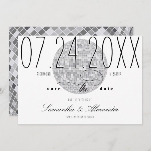 Moderne Minimal Script Disco Ball Altes Geld Hochz Save The Date (Vorne/Hinten)