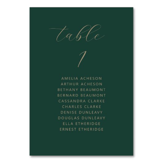 Moderne Minimal Script Dunkelgrüne Goldhochzeit Tischnummer (Vorderseite)