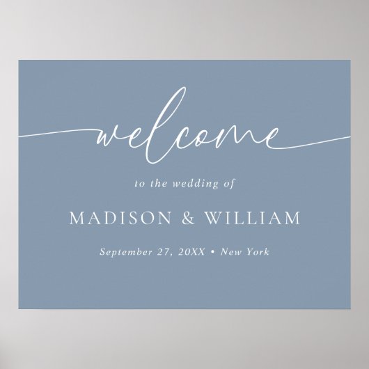 Moderne Minimal Script Dusty Blue Wedding Willkomm Poster (Vorne)