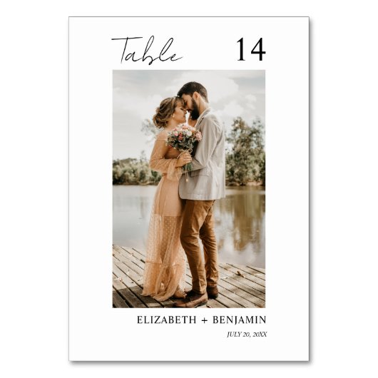 Moderne Minimal-Script-Foto-Hochzeitsskripte-Tisch Tischnummer (Rückseite)