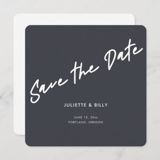 Moderne Minimal Script Gray Square Wedding Save The Date (Vorne/Hinten)