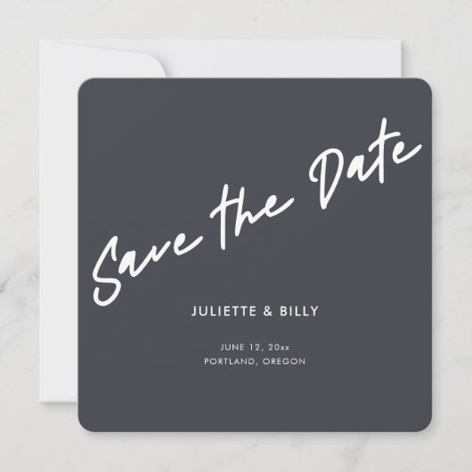 Moderne Minimal Script Gray Square Wedding Save The Date (Vorderseite)