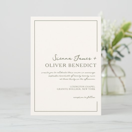 Moderne Minimal-Script-Grüne-Border-Hochzeit Einladung (Stehend Vorderseite)
