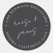 Moderne Minimal-Script-Hochzeitsskrippe-Rücksendea Runder Aufkleber (Vorderseite)