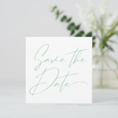 Moderne Minimal-Script-Kalligrafie Mint Green Save The Date (Stehend Vorderseite)