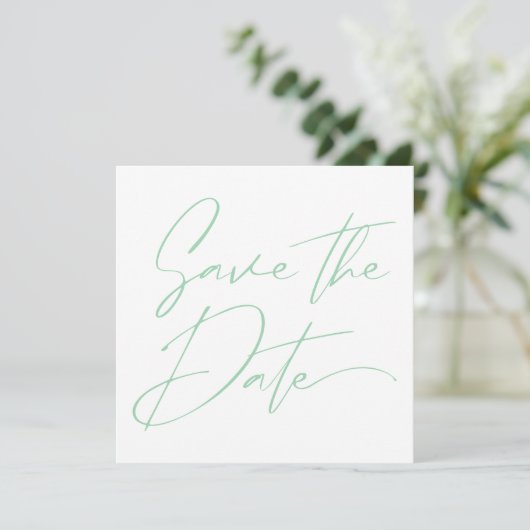Moderne Minimal-Script-Kalligrafie Mint Green Save The Date (Stehend Vorderseite)