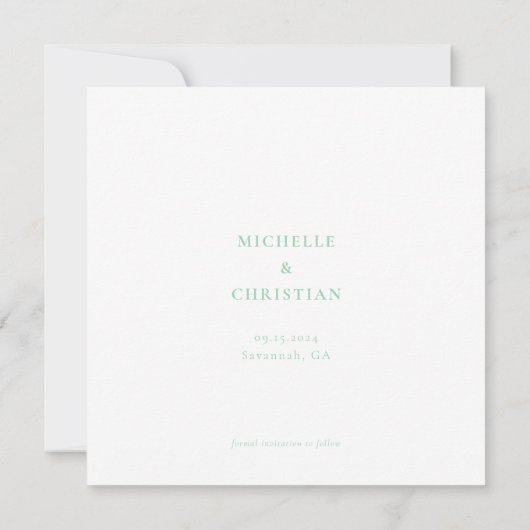 Moderne Minimal-Script-Kalligrafie Mint Green Save The Date (Rückseite)