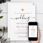 Moderne Minimal Script Monogram Gold Heart Wedding Einladung<br><div class="desc">Diese schicke Hochzeitseinladung strahlt mit Einfachheit aus. Moderne Typografie,  prächtige Kalligraphie,  die durch ein hübsches Herz in (bedrucktem) Gold hervorgehoben wird,  ist diese Suite minimalistisch und elegant zugleich. Platz für weitere Details oder Monogramm auf der Rückseite (oder Leerzeichen verlassen).</div>