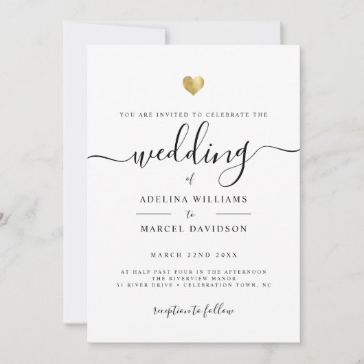 Moderne Minimal Script Monogram Gold Heart Wedding Einladung (Vorderseite)