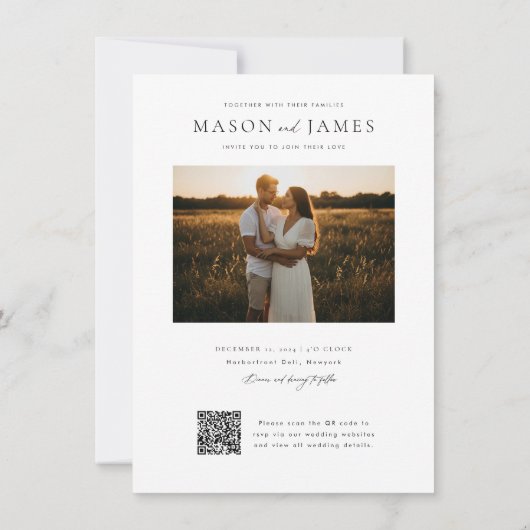 Moderne Minimal Script QR Code Foto Hochzeit Einladung (Rückseite)