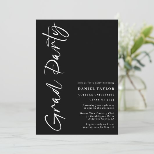 Moderne Minimal-Script-Schwarz-weiß-Graduierungspa Einladung (Stehend Vorderseite)