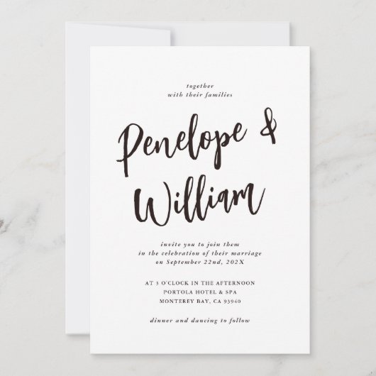 Moderne Minimal-Script Schwarz-Weiß-Hochzeit Einladung (Vorderseite)