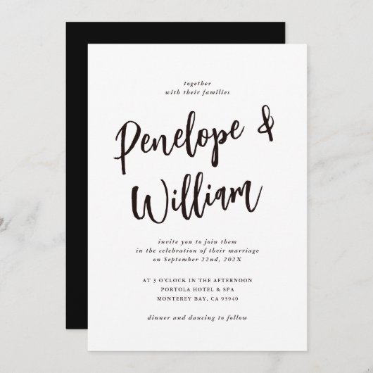 Moderne Minimal-Script Schwarz-Weiß-Hochzeit Einladung (Vorne/Hinten)