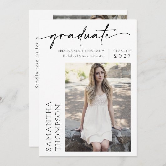 Moderne Minimal-Script-Zwei-Foto-Graduierungsparte Einladung (Vorne/Hinten)