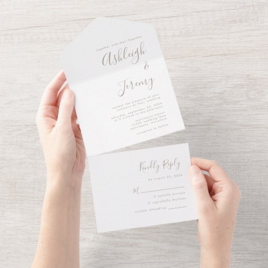 Moderne Minimal Taupe Script Hochzeit All In One Einladung (Abreißen)
