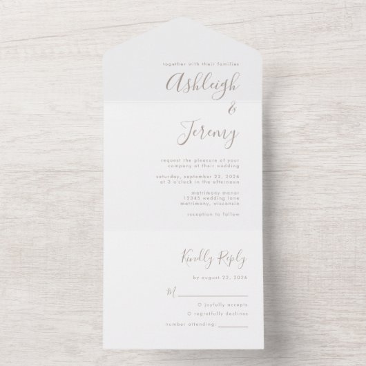 Moderne Minimal Taupe Script Hochzeit All In One Einladung (Innen Boden)