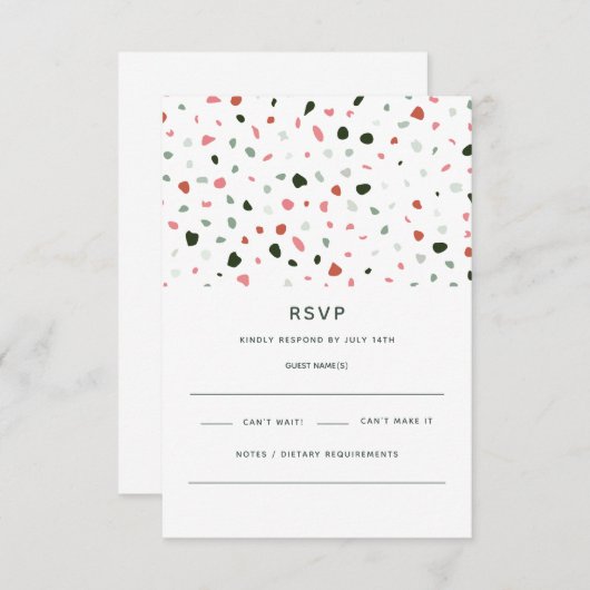 Moderne Minimal Terrazzo Muster Grün rosa Hochzeit RSVP Karte (Vorne/Hinten)