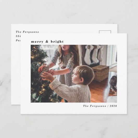 Moderne Minimal weiße Weihnachtsfotokarte Postkarte (Vorne/Hinten)