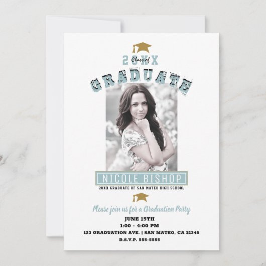 Moderne Minimal White Blue Foto Graduation Party Einladung (Vorderseite)