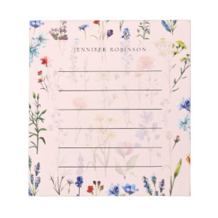 Moderne Minimal Wildblumenwiese Name Rosa Pink Notizblock