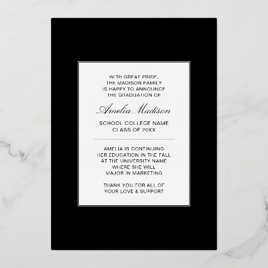 Moderne minimale, einzigartige Ink Script Graduate Folieneinladung (Rückseite)