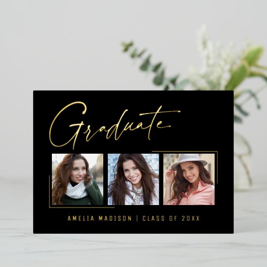 Moderne minimale, einzigartige Ink Script Graduate Folieneinladung (Stehend vorne)