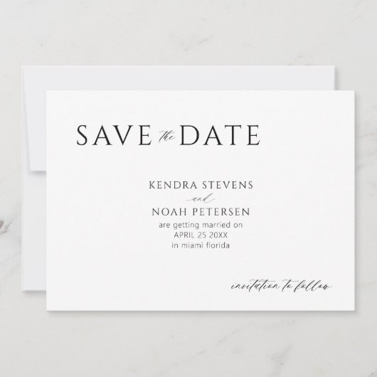 Moderne, minimale, elegante Schwarz-Weiß-Hochzeit Save The Date (Vorderseite)