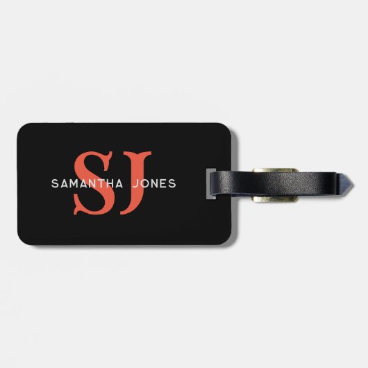 Moderne minimale Fettinitialen Orange Black Monogr Gepäckanhänger (Rückseite horizontal)
