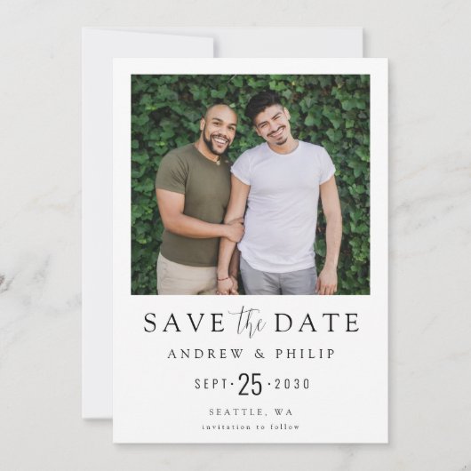 Moderne minimale Foto-LGBTQ Save the Date (Vorderseite)