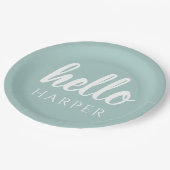 Moderne minimale Grün und Weiß Hallo und Sie nenne Pappteller (Schrägansicht)