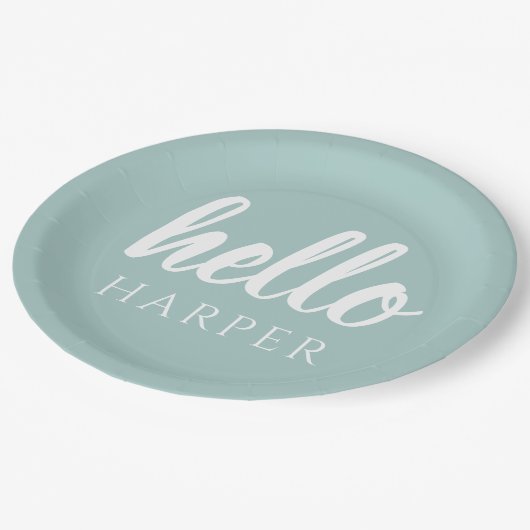 Moderne minimale Grün und Weiß Hallo und Sie nenne Pappteller (Schrägansicht)