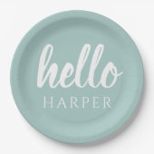 Moderne minimale Grün und Weiß Hallo und Sie nenne Pappteller (Vorderseite)
