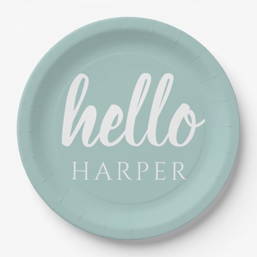 Moderne minimale Grün und Weiß Hallo und Sie nenne Pappteller (Vorderseite)