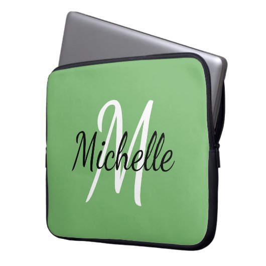 Moderne minimale grüne Monogrammbezeichnung + Init Laptopschutzhülle (Vorderseite Links)