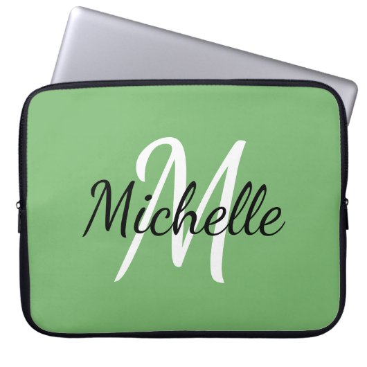 Moderne minimale grüne Monogrammbezeichnung + Init Laptopschutzhülle (Vorderseite)