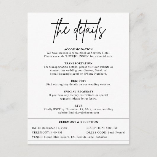 Moderne Minimale Hochzeitdetails Begleitkarte (Vorderseite)