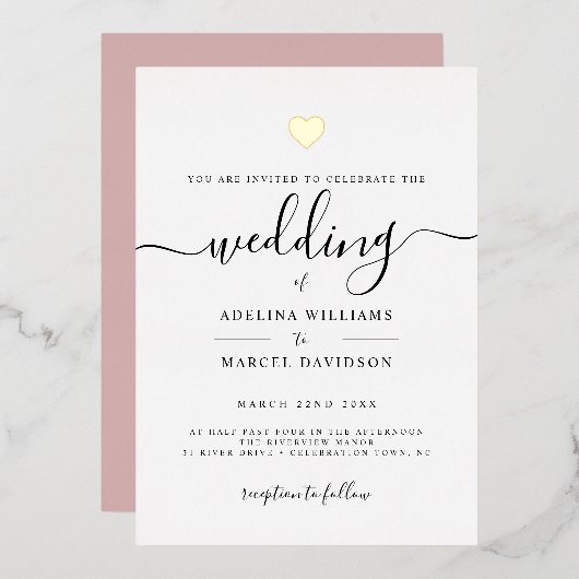 Moderne Minimale Kalligrafie Goldenes Herz Hochzei Folieneinladung (Vorderseite/Rückseite)